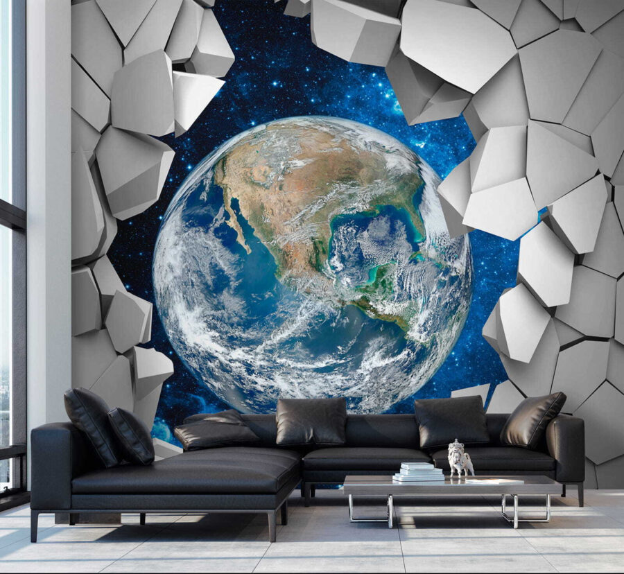 Der Planet Erde bricht durch ein Loch in der Wand Der Planet Erde bricht durch ein Loch in der Wand