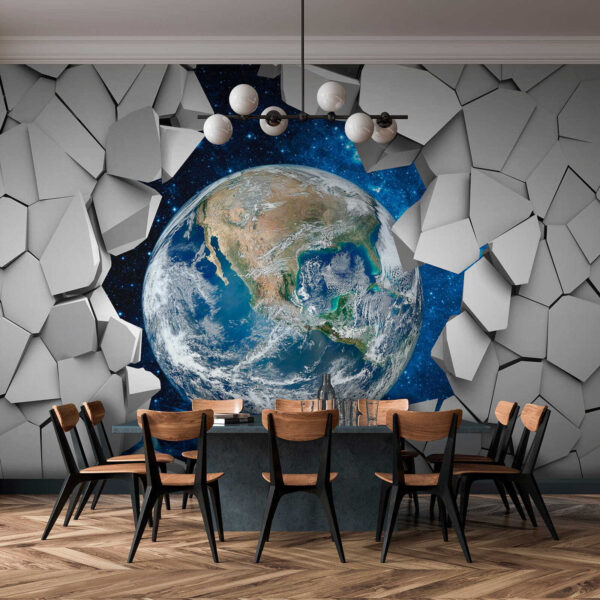 Der Planet Erde bricht durch ein Loch in der Wand Der Planet Erde bricht durch ein Loch in der Wand