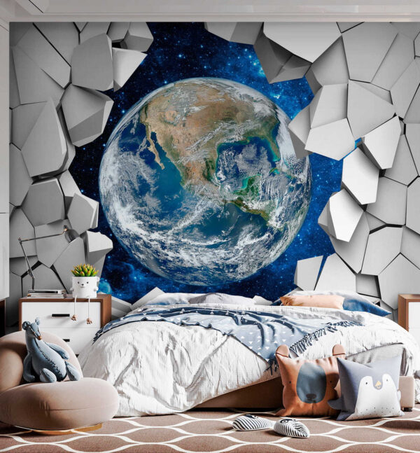 Der Planet Erde bricht durch ein Loch in der Wand Der Planet Erde bricht durch ein Loch in der Wand