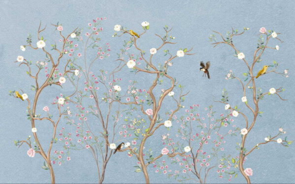 Wandgemälde eines Baumes mit Blumen und Vögeln Wandgemälde eines Baumes mit Blumen und Vögeln