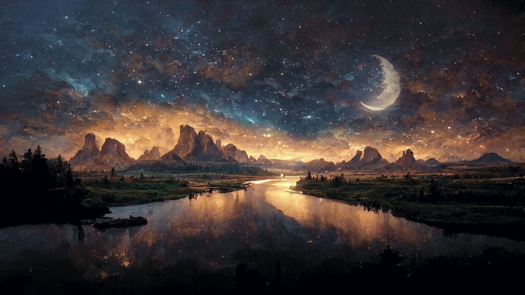 Fluss mit einem Mond am Himmel Fluss mit einem Mond am Himmel