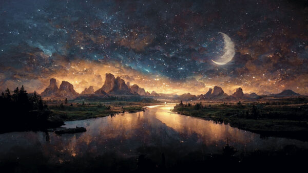 Fluss mit einem Mond am Himmel Fluss mit einem Mond am Himmel