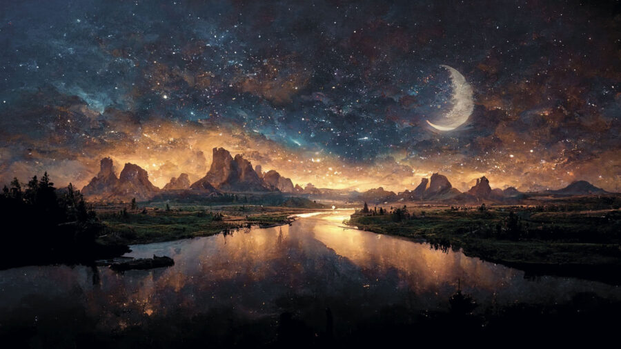 Fluss mit einem Mond am Himmel