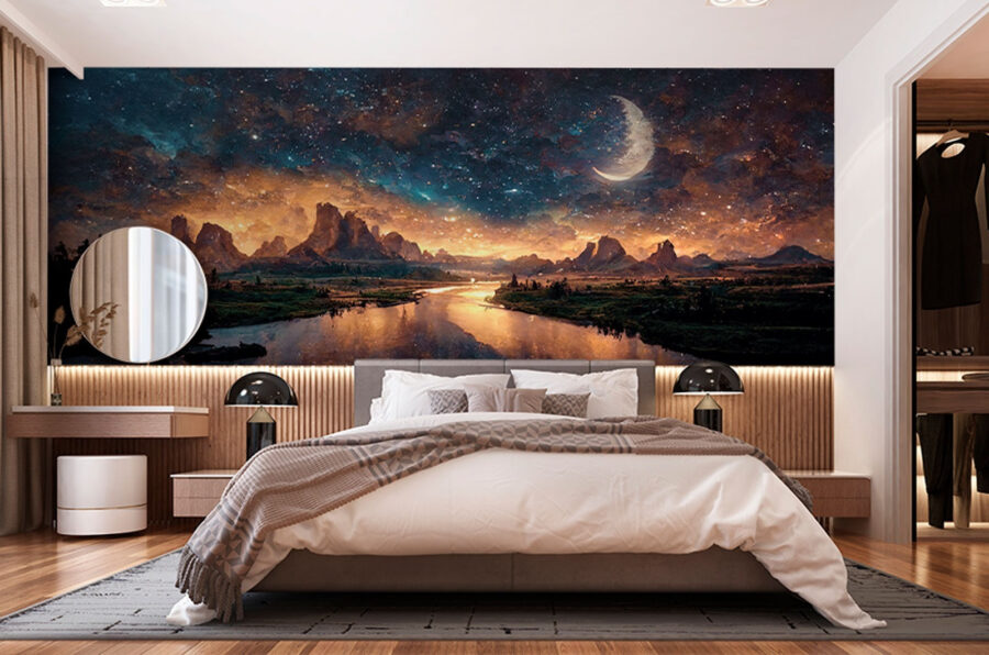 Fluss mit einem Mond am Himmel