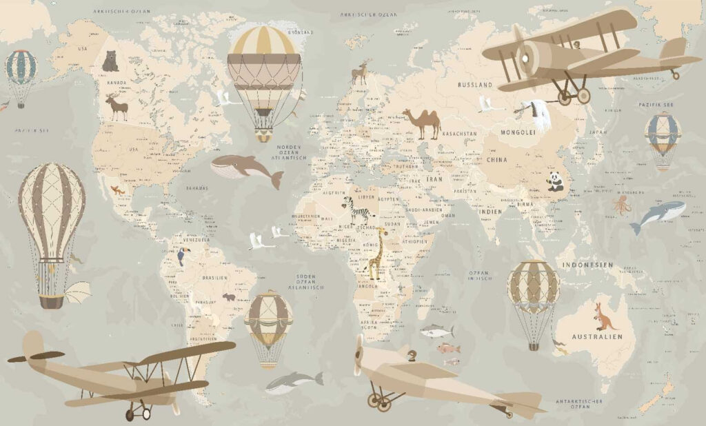 Weltkarte mit Flugzeugen und Heißluftballons Weltkarte mit Flugzeugen und Heißluftballons