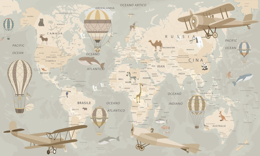 Weltkarte mit Flugzeugen und Heißluftballons Weltkarte mit Flugzeugen und Heißluftballons