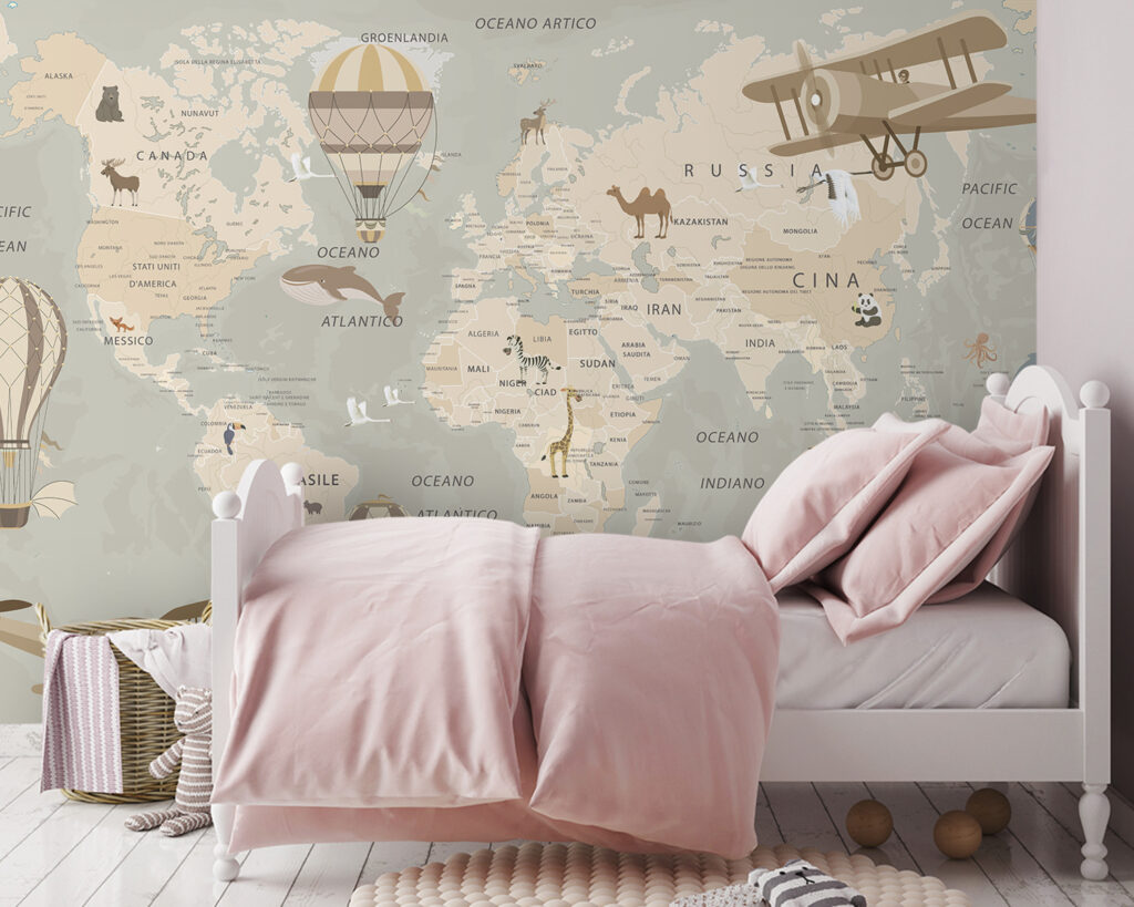 Map of the world with airplanes and hot air balloons Map of the world with airplanes and hot air balloons