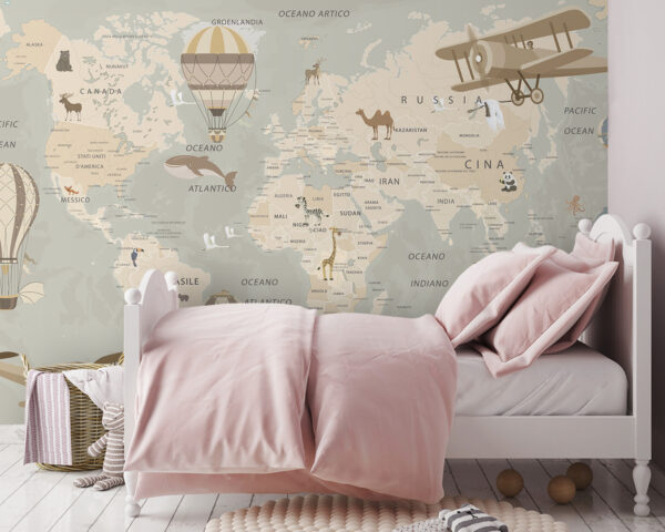 Weltkarte mit Flugzeugen und Heißluftballons Weltkarte mit Flugzeugen und Heißluftballons