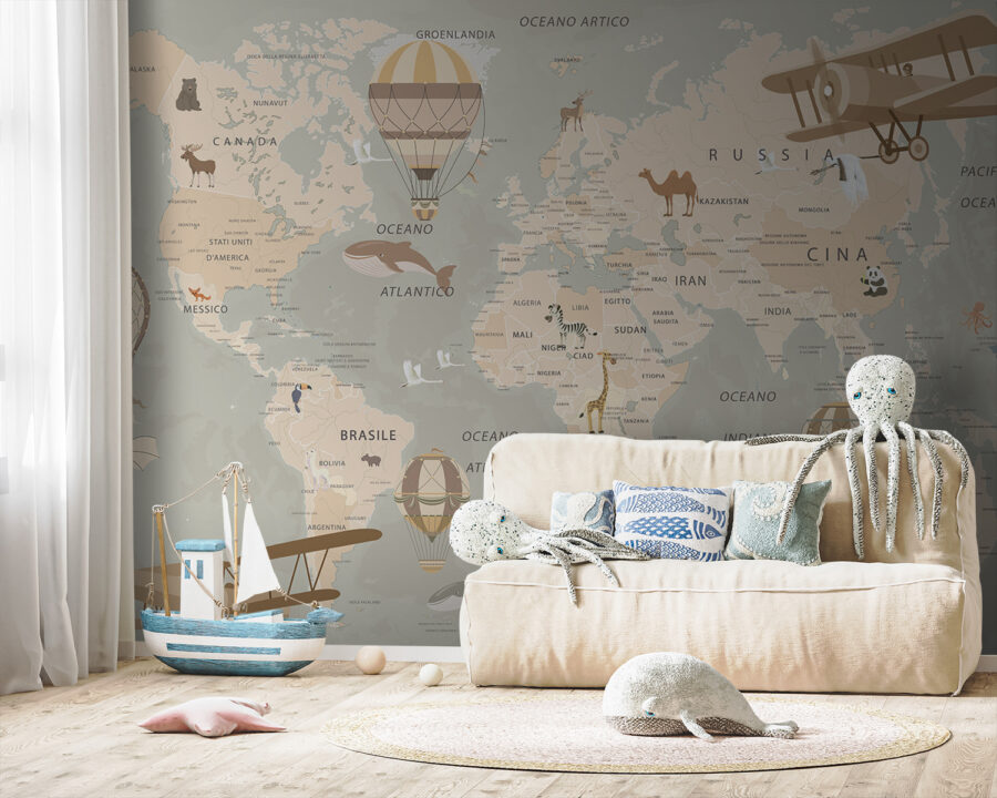 Weltkarte mit Flugzeugen und Heißluftballons Weltkarte mit Flugzeugen und Heißluftballons