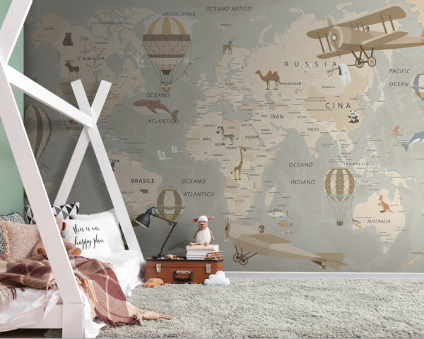 Weltkarte mit Flugzeugen und Heißluftballons Weltkarte mit Flugzeugen und Heißluftballons