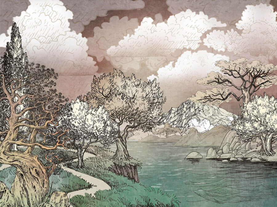 Landschaft mit Bäumen und einem See