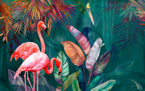 Flamingos und bunte Blätter Flamingos und bunte Blätter