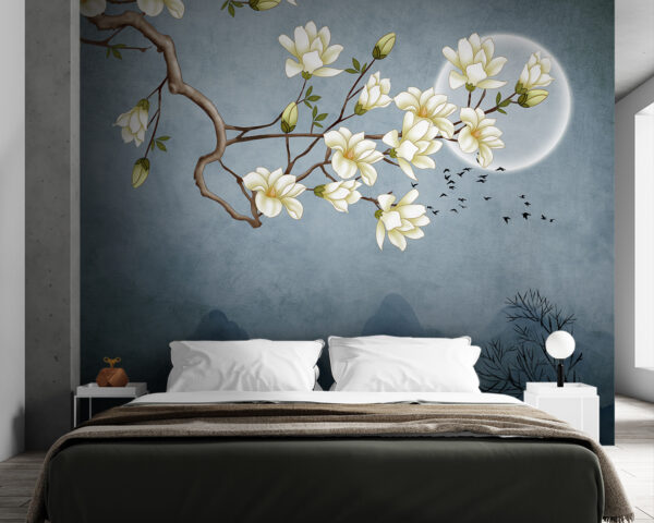 Ein Gemälde eines Baumzweigs mit weißen Blumen Ein Gemälde eines Baumzweigs mit weißen Blumen