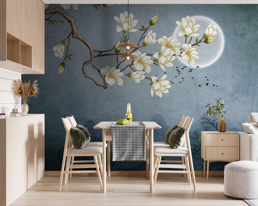Ein Gemälde eines Baumzweigs mit weißen Blumen Ein Gemälde eines Baumzweigs mit weißen Blumen