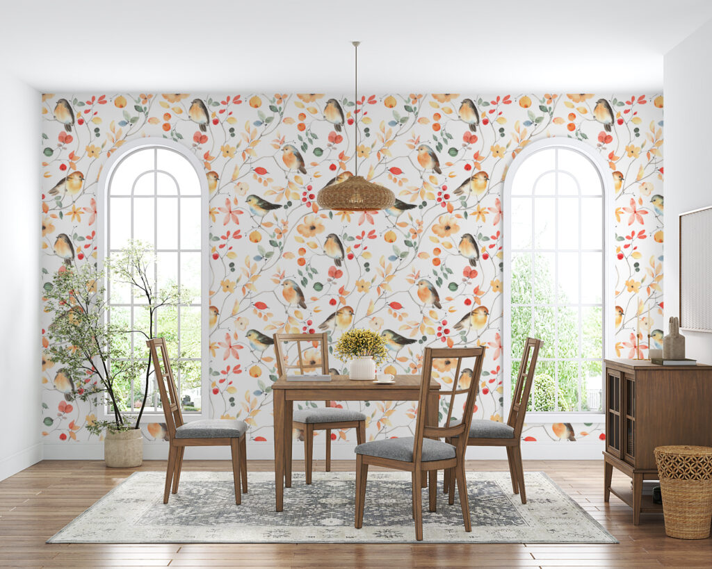 A pattern of birds and flowers