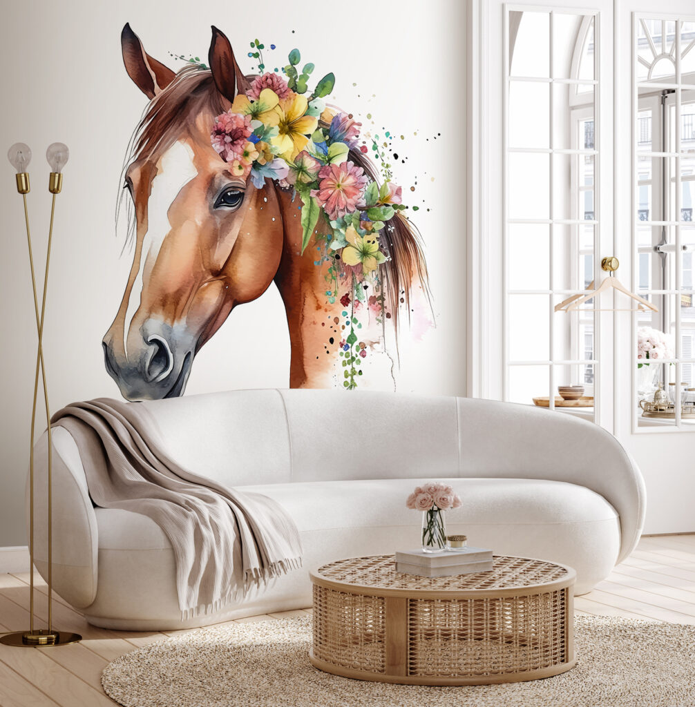 u98192pig56 1006x1024 - Ein Aquarell eines Pferdes mit Blumen auf dem Kopf