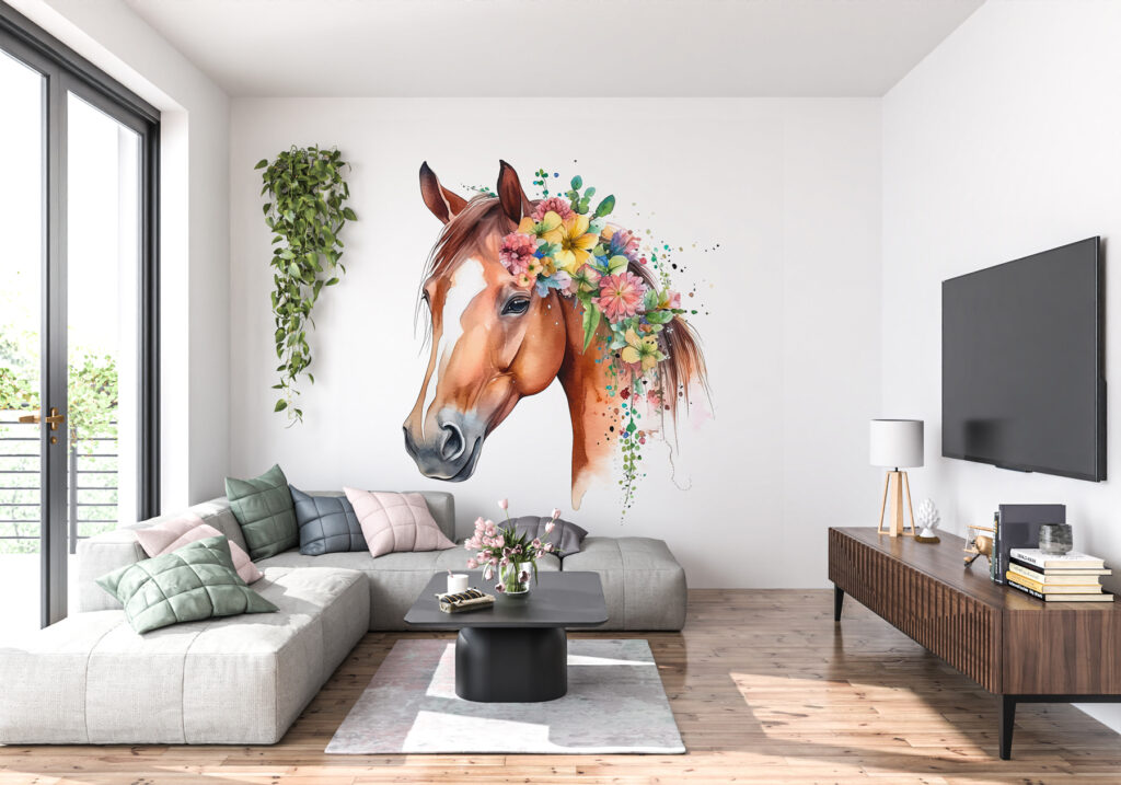 u98192pig5 1024x717 - Ein Aquarell eines Pferdes mit Blumen auf dem Kopf