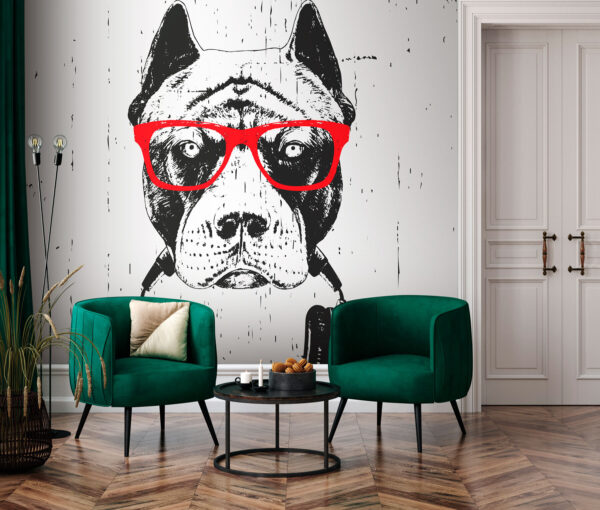Ein Hund mit Brille und Kopfhörern Ein Hund mit Brille und Kopfhörern