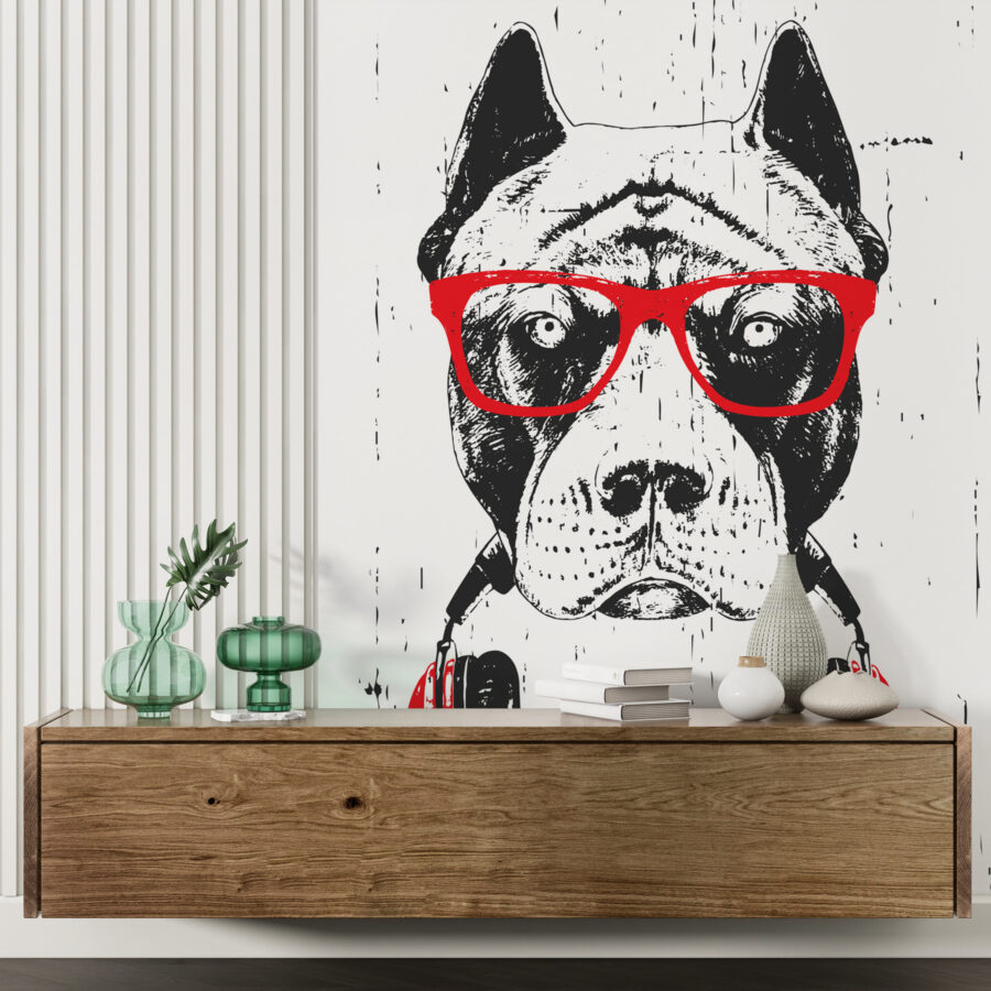 Ein Hund mit Brille und Kopfhörern Ein Hund mit Brille und Kopfhörern