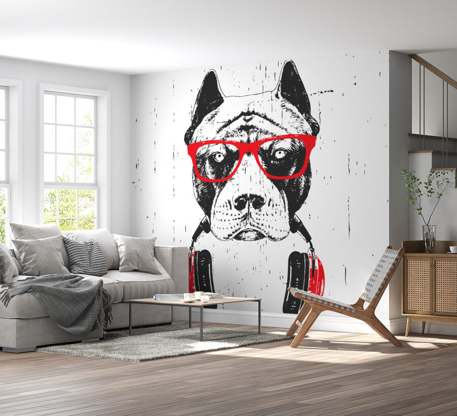 Ein Hund mit Brille und Kopfhörern Ein Hund mit Brille und Kopfhörern