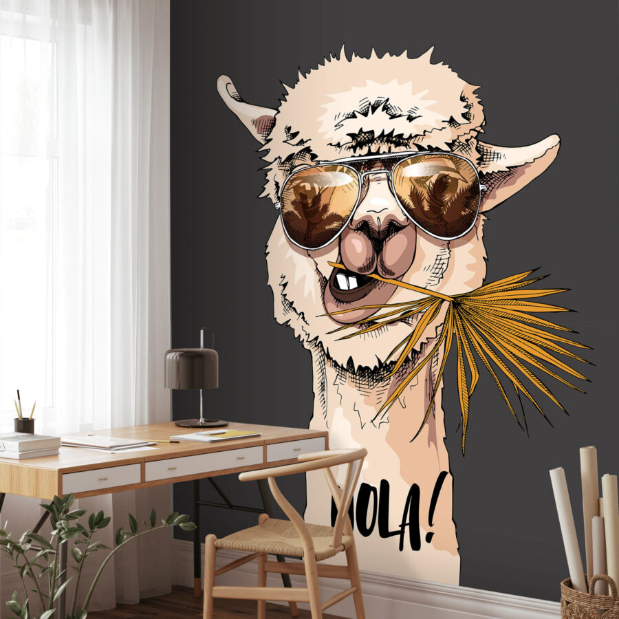 Ein Lama trägt eine Sonnenbrille und frisst ein Blatt Ein Lama trägt eine Sonnenbrille und frisst ein Blatt
