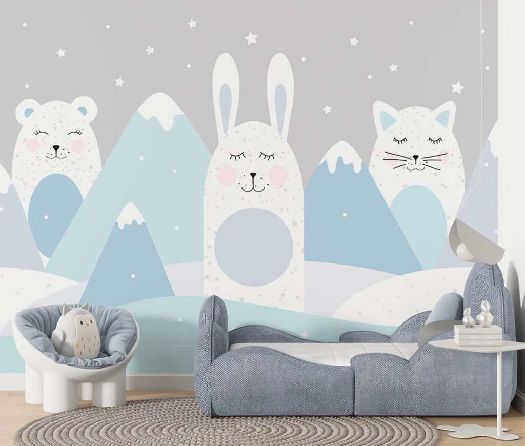 A group of animals in a snowy landscape