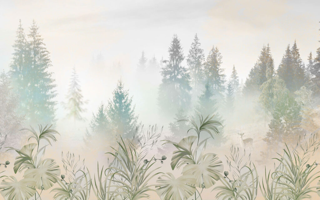 Ein nebliger Wald mit Pflanzen und Bäumen Ein nebliger Wald mit Pflanzen und Bäumen