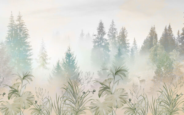 Ein nebliger Wald mit Pflanzen und Bäumen Ein nebliger Wald mit Pflanzen und Bäumen
