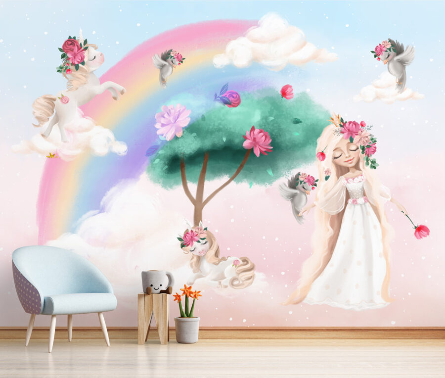 Cartoon eines Mädchens mit Blumen im Haar und einem Regenbogen