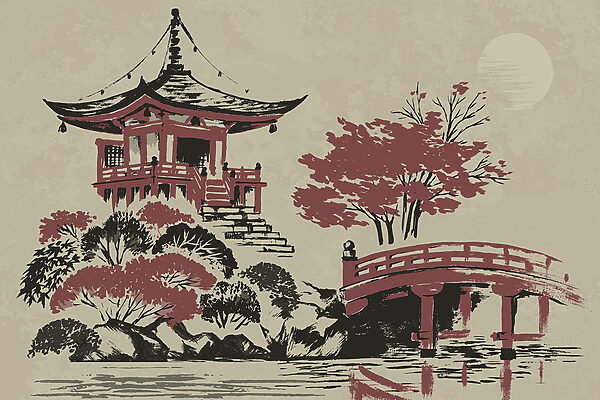 Ein Gemälde mit einer Pagode und einer Brücke Ein Gemälde mit einer Pagode und einer Brücke