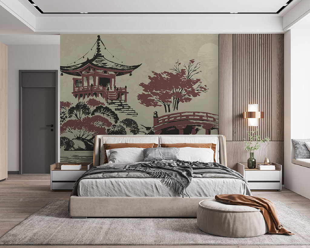 A painting of a pagoda and a bridge