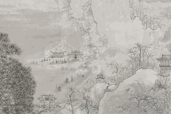 Ein Gemälde von Gebäuden auf einem Berg Ein Gemälde von Gebäuden auf einem Berg