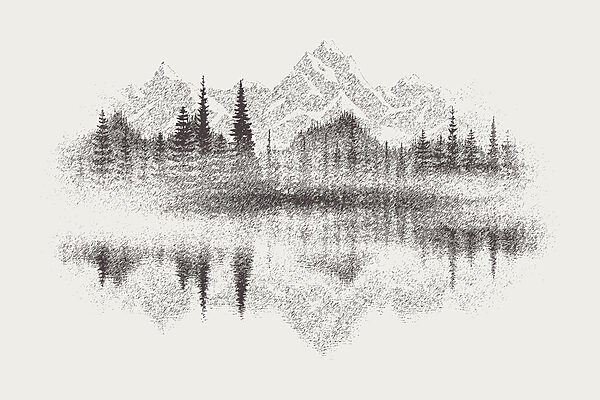 Eine Bergkette und Bäume, die sich in einem See spiegeln Eine Bergkette und Bäume, die sich in einem See spiegeln