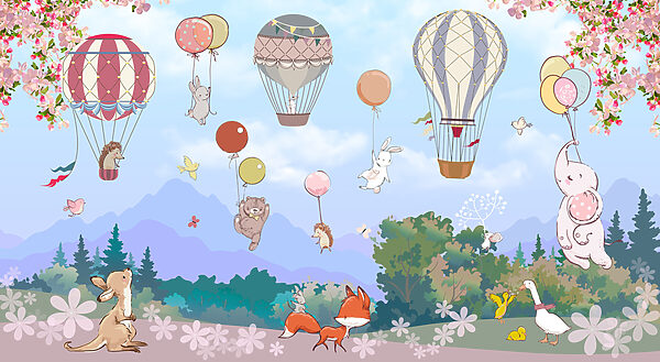 Ein Cartoon mit Tieren und Heißluftballons Ein Cartoon mit Tieren und Heißluftballons