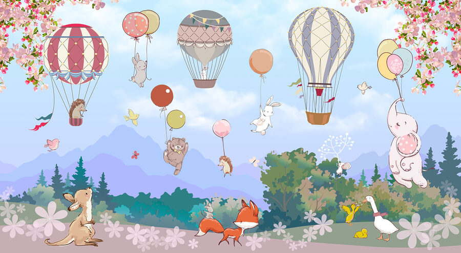 Ein Cartoon mit Tieren und Heißluftballons
