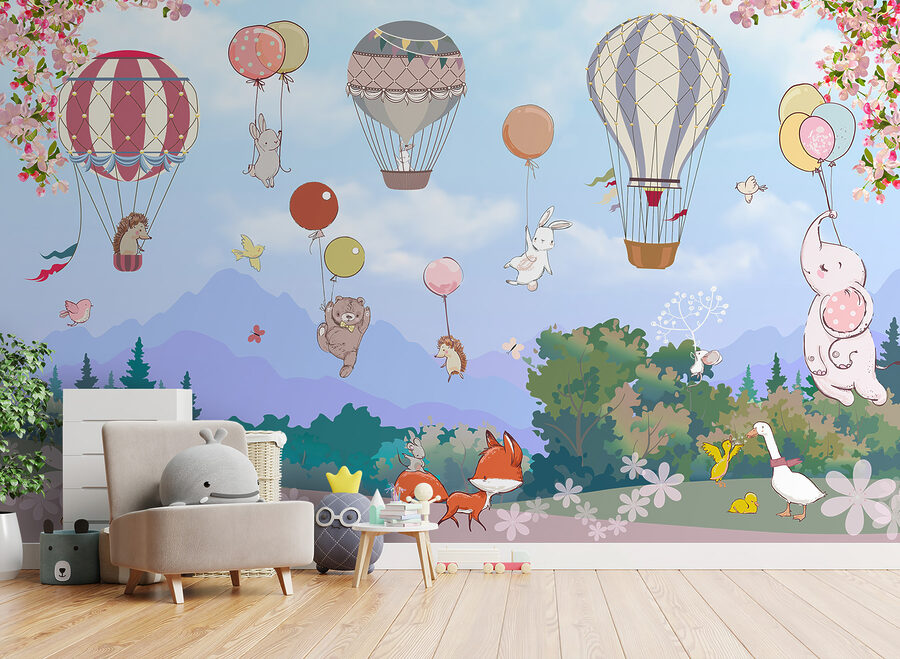 Ein Cartoon mit Tieren und Heißluftballons