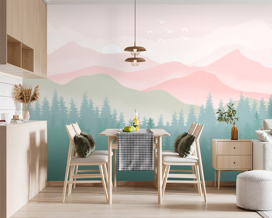 Eine Landschaft mit Bäumen und Bergen