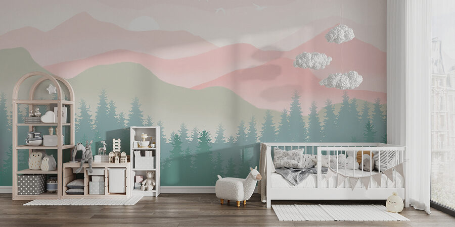 Eine Landschaft mit Bäumen und Bergen