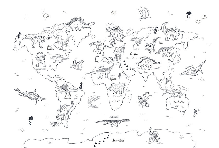 Eine Karte der Welt mit Dinosauriern