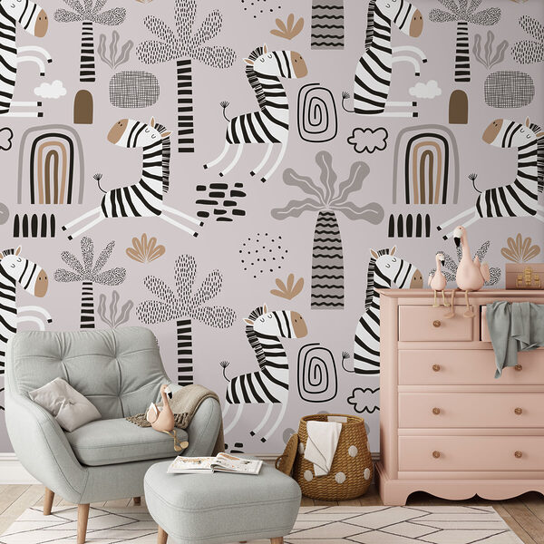 Ein Muster aus Zebras und Bäumen Ein Muster aus Zebras und Bäumen
