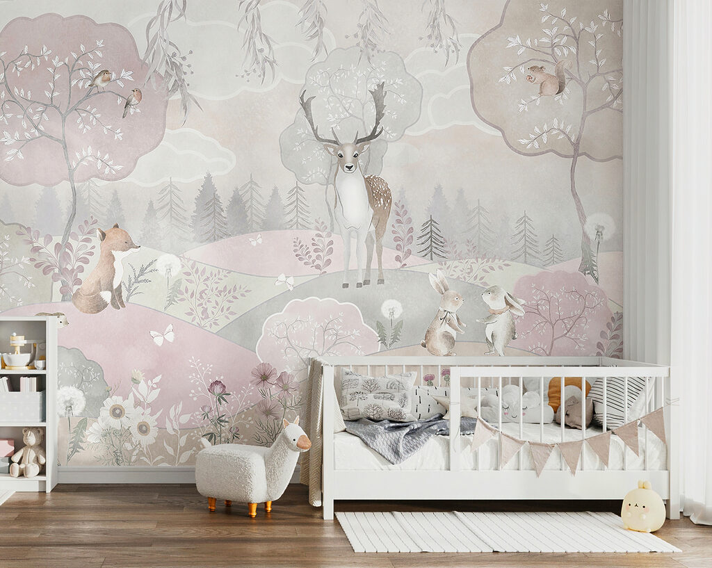 A wallpaper with animals and trees