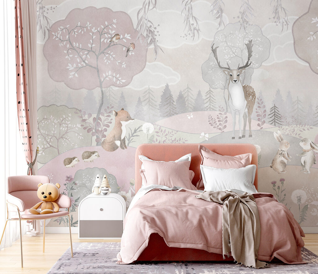 A wallpaper with animals and trees