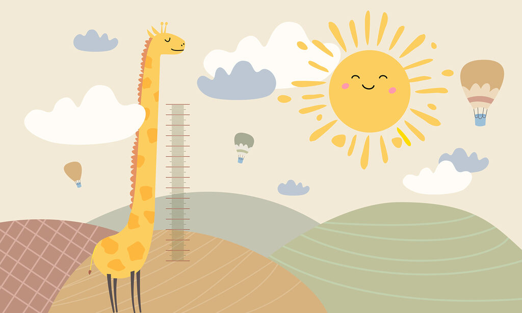Eine Giraffe, die auf einem Feld mit Sonne und Wolken steht Eine Giraffe, die auf einem Feld mit Sonne und Wolken steht