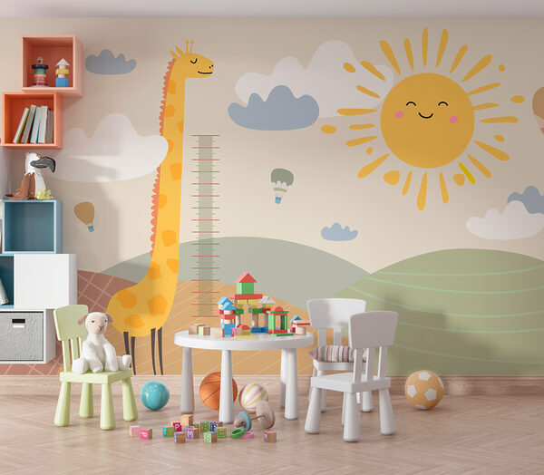 Eine Giraffe, die auf einem Feld mit Sonne und Wolken steht Eine Giraffe, die auf einem Feld mit Sonne und Wolken steht
