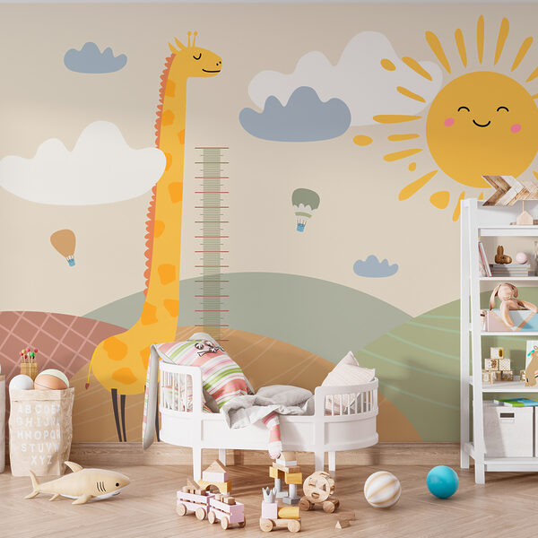 Eine Giraffe, die auf einem Feld mit Sonne und Wolken steht Eine Giraffe, die auf einem Feld mit Sonne und Wolken steht