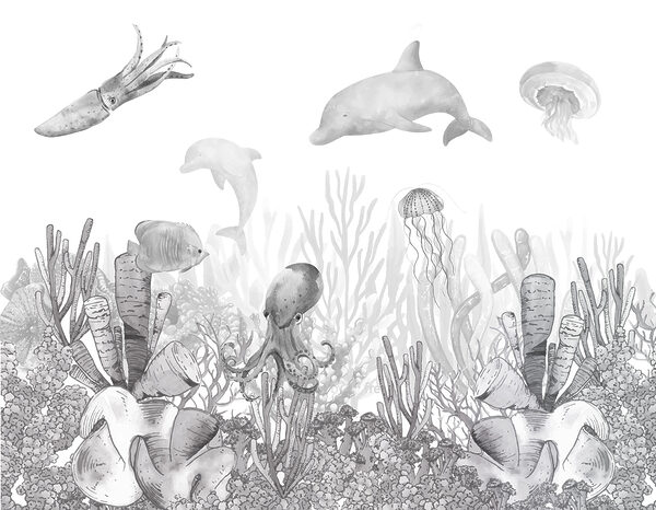 A sea life with fish and jellyfish