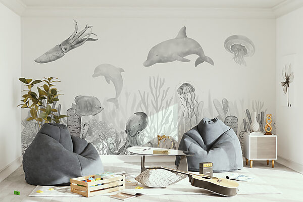 A sea life with fish and jellyfish