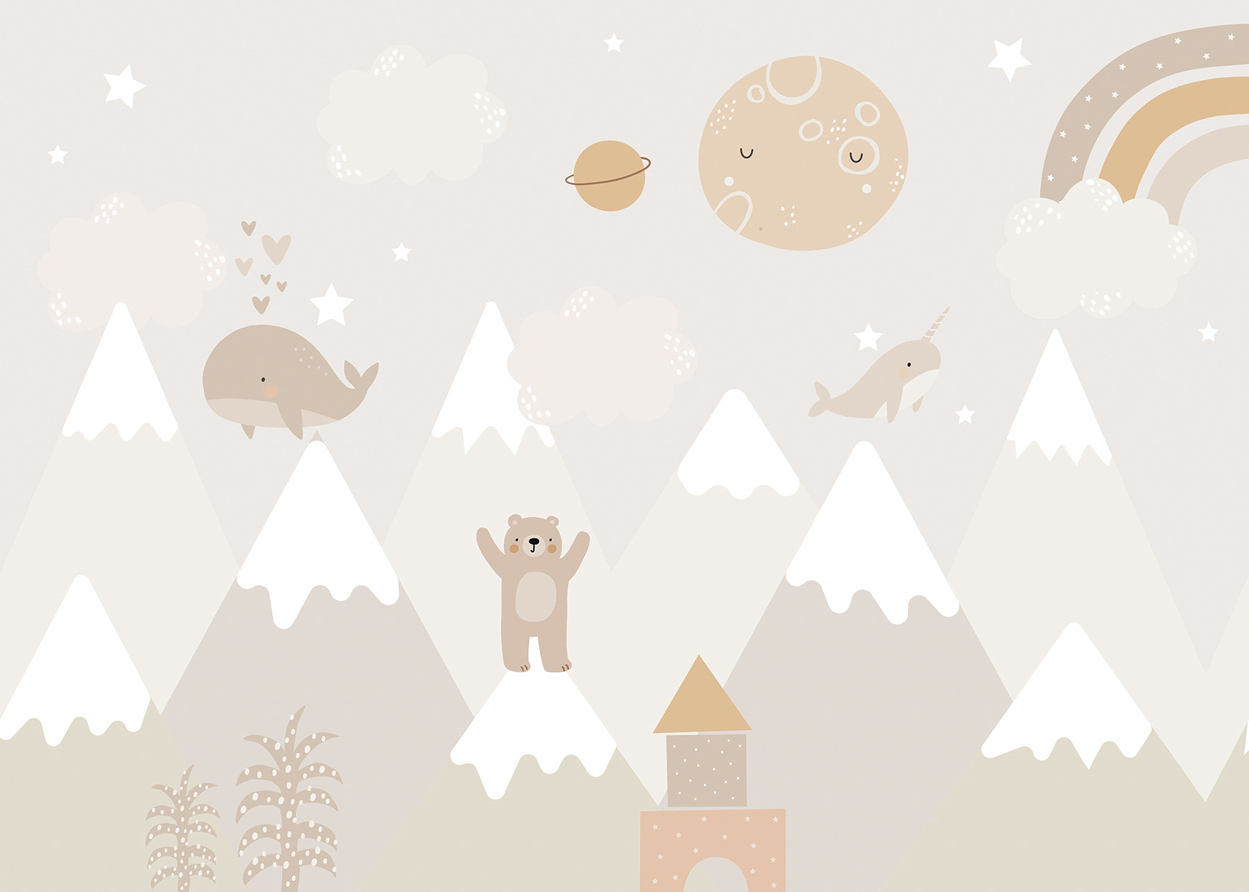 A wall mural of a cartoon landscape A wall mural of a cartoon landscape