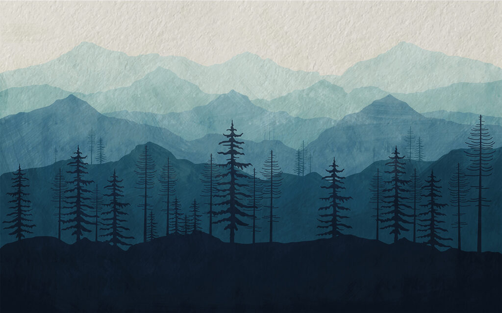 Eine Landschaft mit Bergen und Bäumen Eine Landschaft mit Bergen und Bäumen