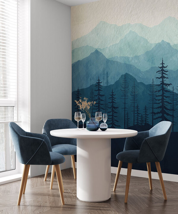 Eine Landschaft mit Bergen und Bäumen Eine Landschaft mit Bergen und Bäumen